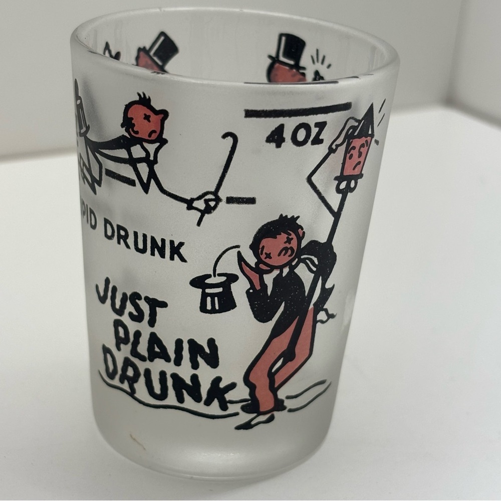 Funny vintage Federal Glass 4 ounce shot glass with painted characters